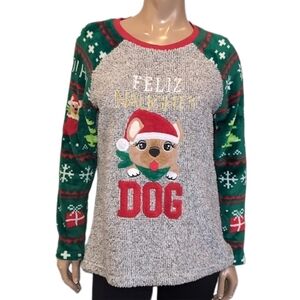 💠Ugly Christmas Sweater Fleece Feliz Naughty Dog Raglan Knit Pullover Holiday